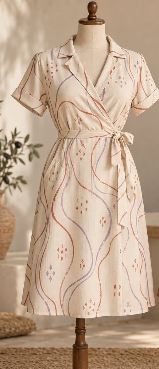 Mum’s Wave Print Tie-Waist Wrap Dress