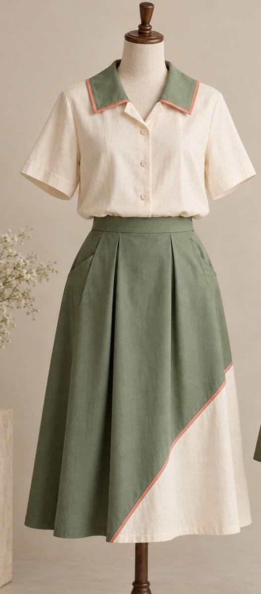 Mum’s Sailor-Collar Blouse & Colour-Block Skirt