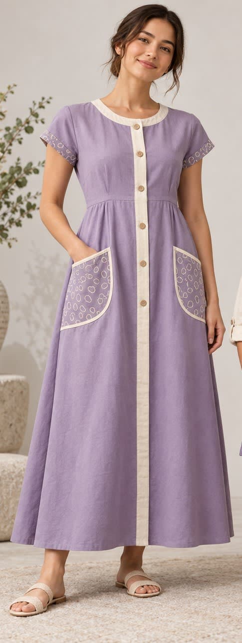 Mum’s Lavender Button-Front Pocket Midi Dress