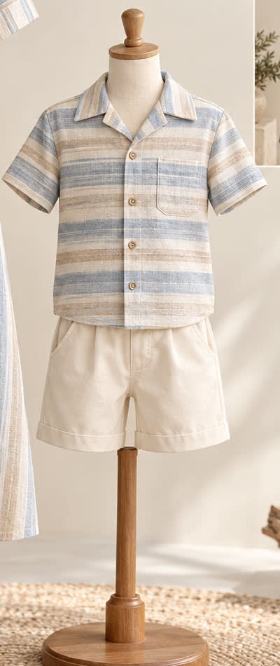 Boy’s Striped Camp-Collar Shirt & Cream Shorts